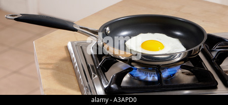 Frying an Egg in a Teflon Coated Pan Stock Photo