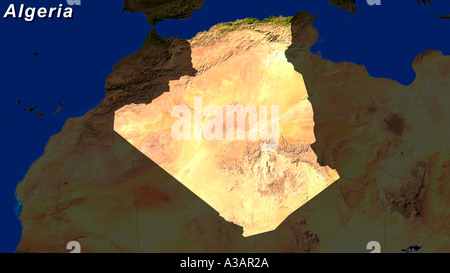 Satellite Image Of Algeria Highlighted With Text Stock Photo