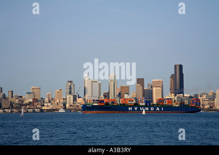 Seattle City Skyline With Container Ship in foreground Stock Photo - Alamy