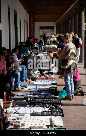 USA New Mexico Santa Fe Governors Palace Native American Pueblo Indian market stalls under the arches selling local crafts Stock Photo