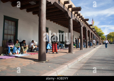 USA New Mexico Santa Fe Governors Palace Native American Pueblo Indian market stalls under the arches selling local crafts Stock Photo