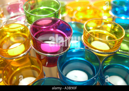 Coloured, glass night-lights in shop display, Tunbridge Wells, Kent. Stock Photo