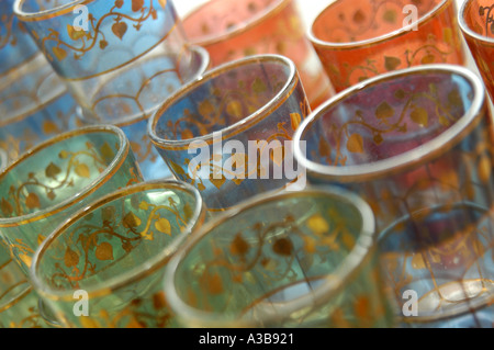 Back-lit Moroccan-style tea glasses. Stock Photo