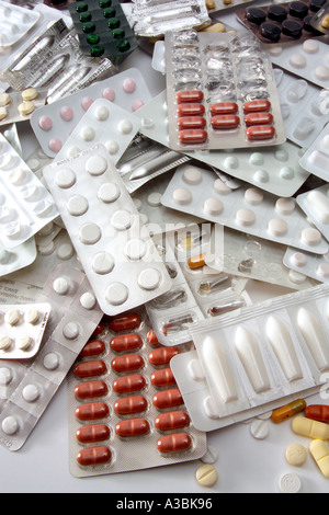 Several tablets and capsules in blister packs, close-up Stock Photo