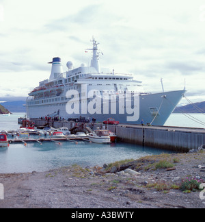 Holiday cruise ship moored at Narsarsuag harbour, southern Greenland. Stock Photo