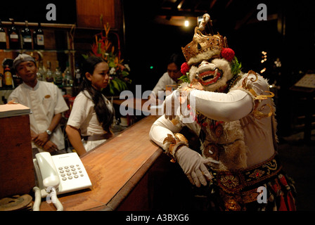 White Monkey in hotel reception, waiting to perform a Balinese traditional Cak or Kecak - monkey dance performed for hotel guests. Seminyak Kuta, Bali Stock Photo