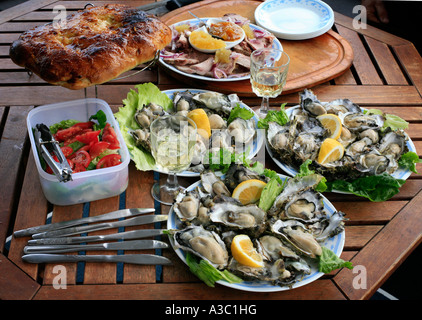 New Zealand seafood-Plates of freshly shucked pacific oysters bread lettuce tomato and ham Stock Photo