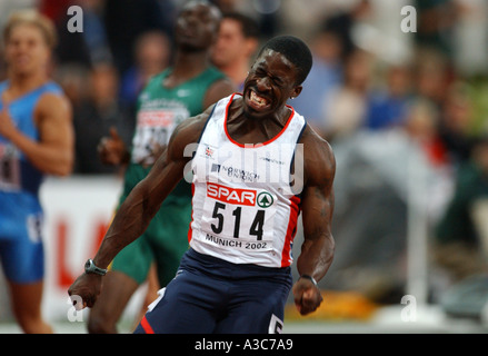 Dwain Chambers wins the 100m race at the Munich European Athletics Championships on July 7th 2002 Stock Photo