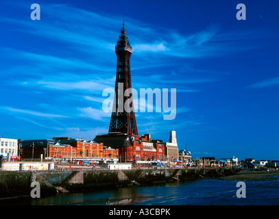 blackpool tower; with sea in foreground ;on blue sunny day ;lancashire; england; uk Stock Photo