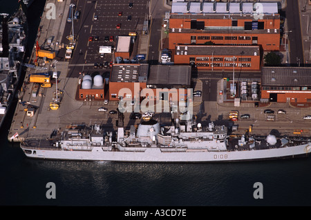 Aerial View of British Naval Base Portsmouth UK showing Type 42 Destroyer HMS Cardiff July 2002 Stock Photo