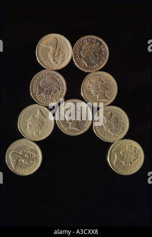 BRITISH POUND COIN FONT LETTER A ON BLACK Stock Photo