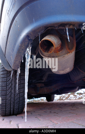 Exhaust pipe and icicle Stock Photo