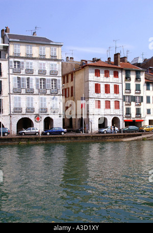 Panoramic View of Colorful Houses on Nive River Bayonne Aquitaine Southwest France Europe Stock Photo