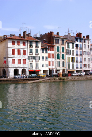 Panoramic View of Colorful Houses on Nive River Bayonne Aquitaine Southwest France Europe Stock Photo
