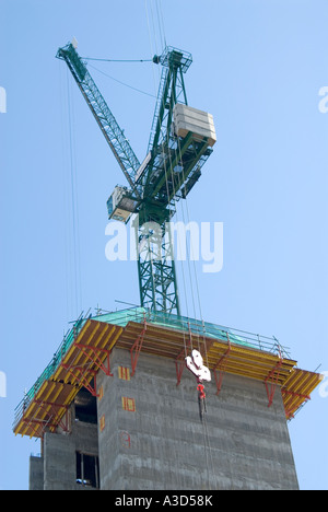Structural concrete core new high rise office block construction building industry site & underside of work platform crane jib London England UK Stock Photo