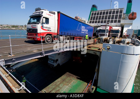 Lorries Disembark Irish Ferries Vessel Isle of Inishmore Pembroke Dock Ferry Terminal Pembrokeshire West Wales Stock Photo