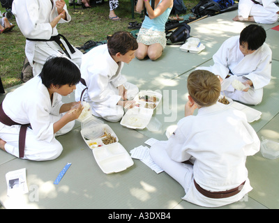 Western learner demonstrating Akido or Judo in a Summer Japanese festival Munich Germany Stock Photo