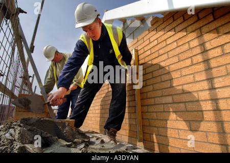 Two trainee bricklayers painstakingly constructing a wall on a new housing estate. Stock Photo