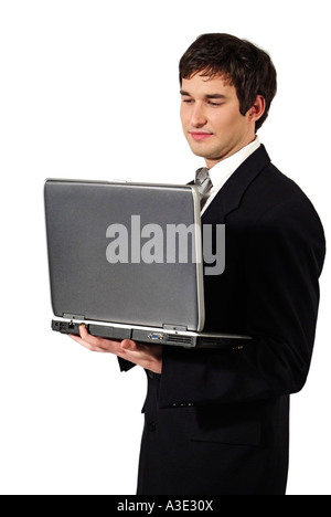 Portrait of a Caucasian Businessman Holding a Laptop Against a White Background Stock Photo