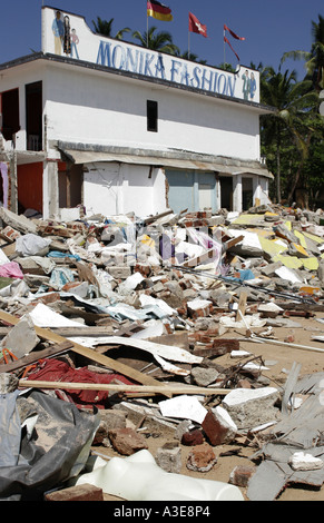 Sri Lanka, fashion shop on SW coast near Beruwala damaged by 2004 tsunami, mannequin amongst rubble  in foreground Stock Photo