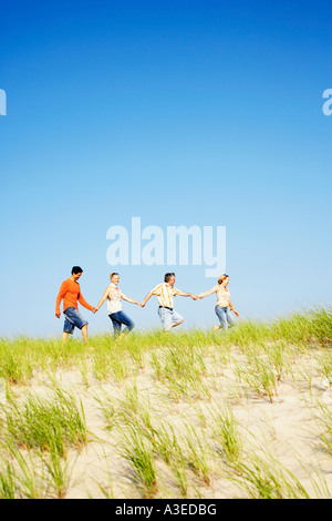 Two mature couples holding hands and walking on the beach Stock Photo