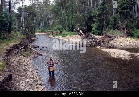 Fly fishing for trout Howqua River near Merrijig Victorian Alps NE Victoria Australia Horizontal  Stock Photo