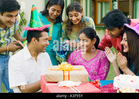 Group of people celebrating a birthday party Stock Photo