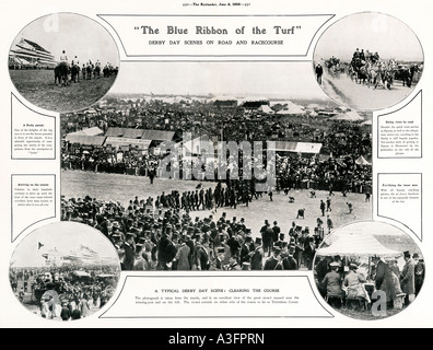 Derby Day 1906 magazine spread of scenes on the road and at the course for the classic horse race in Epsom Stock Photo