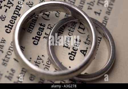 Wedding rings on a dictionary showing the word cheat Stock Photo