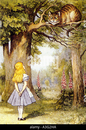 ALICE IN WONDERLAND  Illustration by Tenniel in 1907 edition of  book by Louis Carroll in which Alice meets the Cheshire Cat Stock Photo