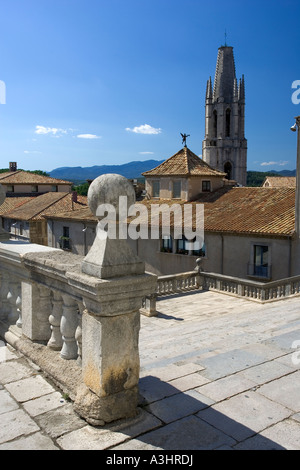 Steps and view from the entrance to the Girona Cathedral, Girona, Spain Stock Photo