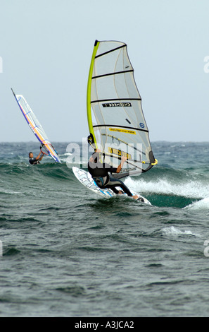 Windsurfing off the east Lanzarote coast Stock Photo