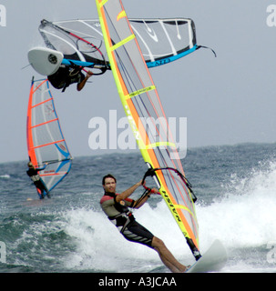 Windsurfing off the east Lanzarote coast Stock Photo