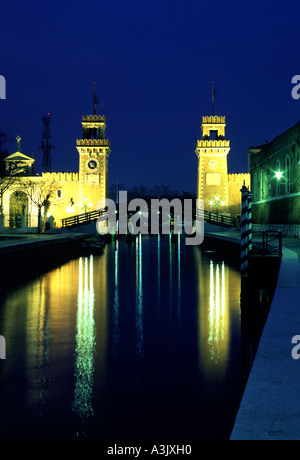 Arsenale gateway at night Castello Venice Veneto Italy Stock Photo