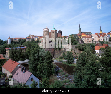 Stadtpanorama von Bautzen in der Oberlausitz, Alte Wasserkunst, Micheliskirche, Dom St. Petri, Rathaus Stock Photo