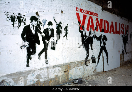 Chequebook Vandalism. No longer existing graffito by artist Banksy on a wall in Clink Street in the London Borough of Southwark. Stock Photo