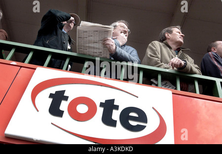 A group of punters with the racing papers sizing up form above a tote office at Lingfield Park races Stock Photo