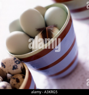 close up of speciality eggs in striped terracotta pots Stock Photo