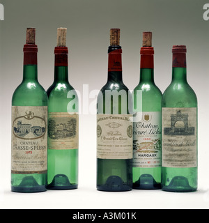 Empty bottles of Bordeaux Grand Cru Classé vintage red wines Stock Photo