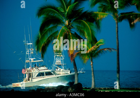 Game fishing boats off harbour at Kona big island of Hawaii USA Stock Photo