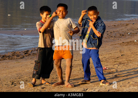 Lao Boys on the Shore of Mekong River in Louangphrabang Laos Stock ...