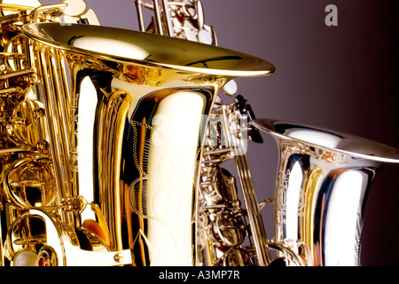 saxophones up close focus on the heads (bells) Stock Photo