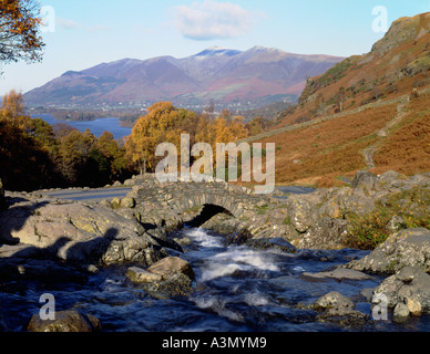 Ashness Bridge looking across to Derwent Water and Skiddaw, within the Lake District, Cumbria Stock Photo