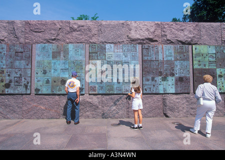Tourists visiting the Washington DC Franklin Delano Roosevelt Memorial USA social distancing Stock Photo