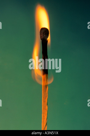 Burning matchstick flame isolated closeup against a green background.  Fire. Nobody Stock Photo