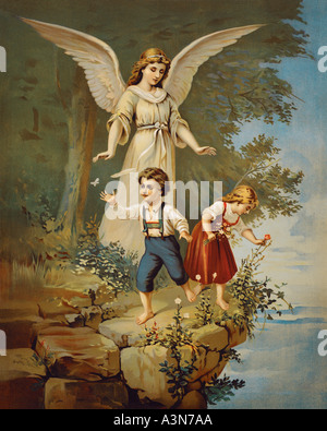 Vintage illustration of Guardian Angel and children Stock Photo