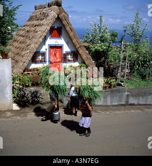 TWO WOMEN CARRYING GRASS IN FRONT OF A  PALHEIRO  TRADITIONAL THATCHED HOUSE  SANTANA  VILLAGE  MADEIRA  ISLAND PORTUGAL Stock Photo