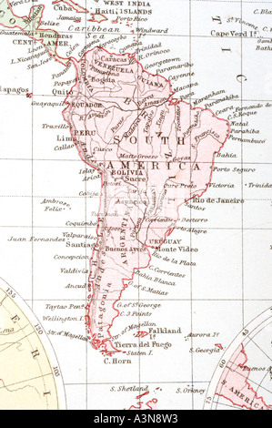 Old map of South America with colour coded countries Stock Photo
