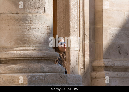 looking into the light outside church, Puglia, Italy Stock Photo