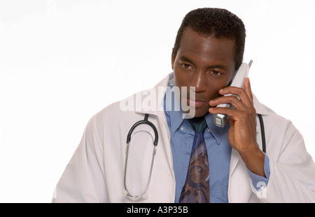Closeup of African American male physician speaking on the telephone, USA. Stock Photo